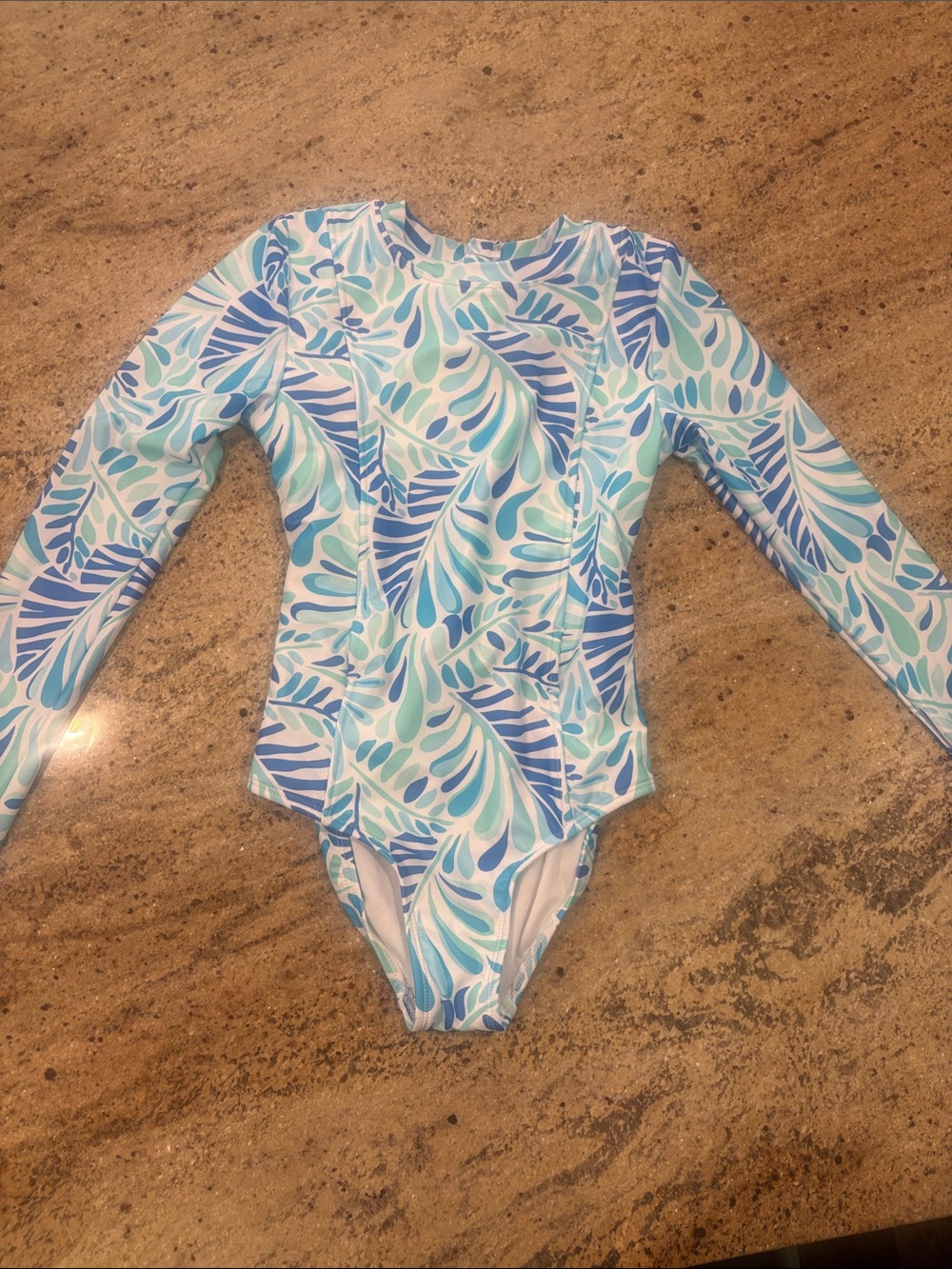 George Girls' Long-Sleeve One-Piece Swimsuit - Blue & Aqua Leaf Print
